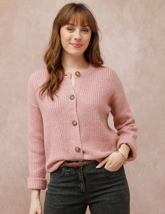 Cardigan boutonné maille anglaise manches longues (rose chiné) Cardigan boutonné maille anglaise manches longues (rose chiné)